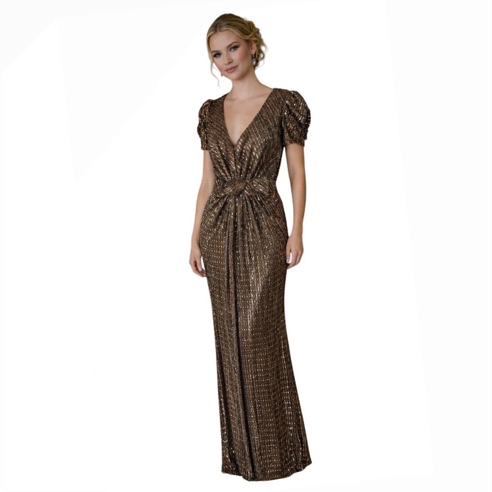 Mac Duggal Bronze Metallic Sequin V-Neck Puff Sleeve Gown 26410 Size 2